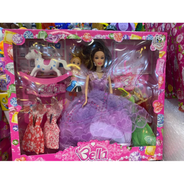 Boneca Barbie bella com filha, cavalinho, vestidos acessórios