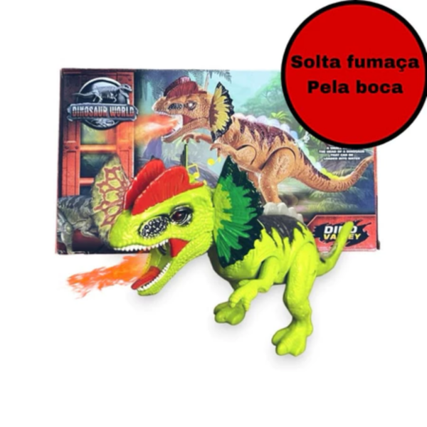 Dinossauro de brinquedo que anda e solta fumaça, acende luz e emite som