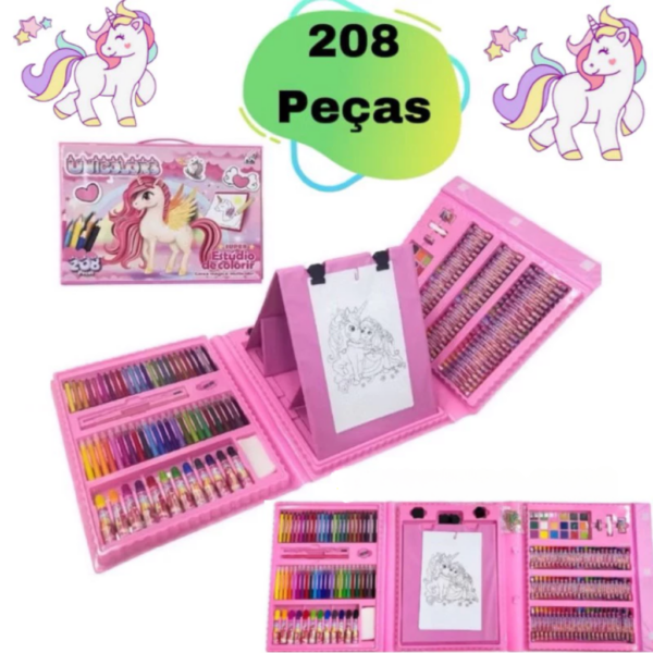 Unicolors kit pintura estudio colorir maleta escolar completo com 208 peças para colorir e criar/ menino e menina