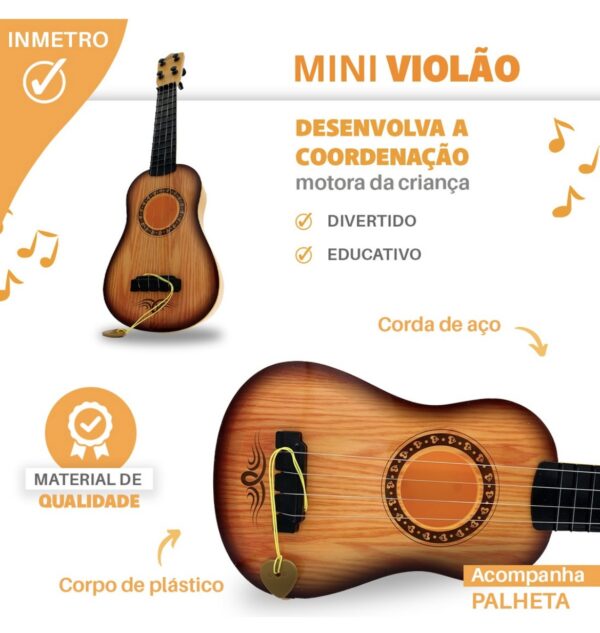 Mini Violão Infantil Brinquedo Ukulele Cordas Aço C/ Palheta Cor Marrom - Image 4